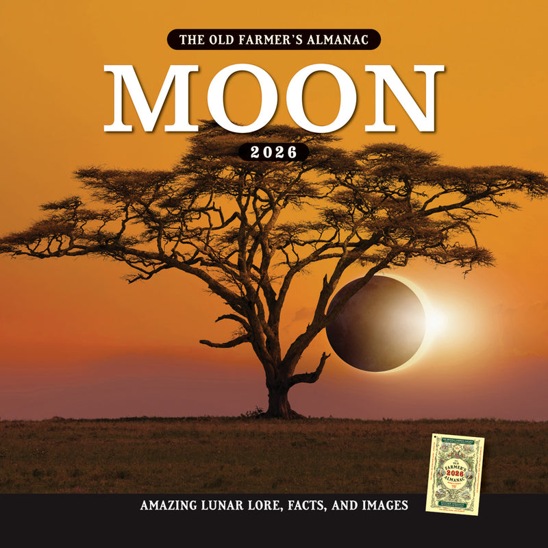 The cover image of the 2026 Old Farmer's Almanac Moon Calendar featuring a striking image of a solar eclipse at sunset just to the right of a lone tree on the Serengeti 