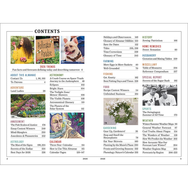 Table of contents page from a 2026 Old Farmer's Almanac with various sections and images.