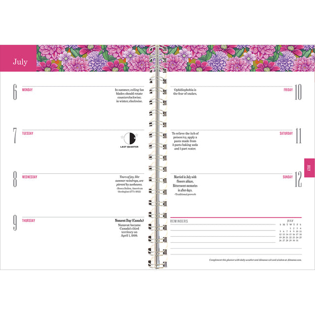 Interior page of the Old Farmer's Almanac planner showing the July 6-12 weekly planner page spread noting moon phases, holidays, with blooming pink and purple dahlia illustration at the top of the pages