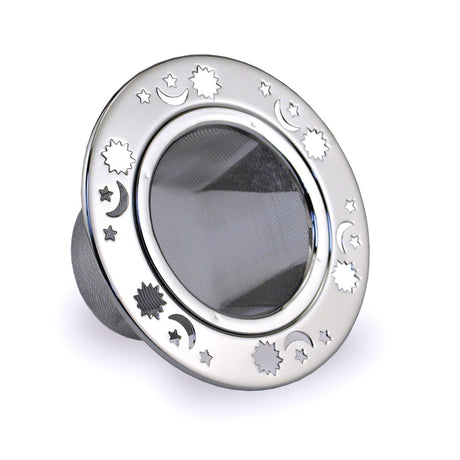 stainless steel mesh tea strainer with stamped sun, moon, and stars pattern around the rim