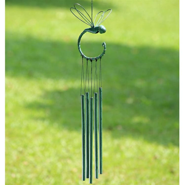The dragonfly’s gracefully curled tail supports chime tubes that gently sing with the breeze, creating a soothing ambiance
