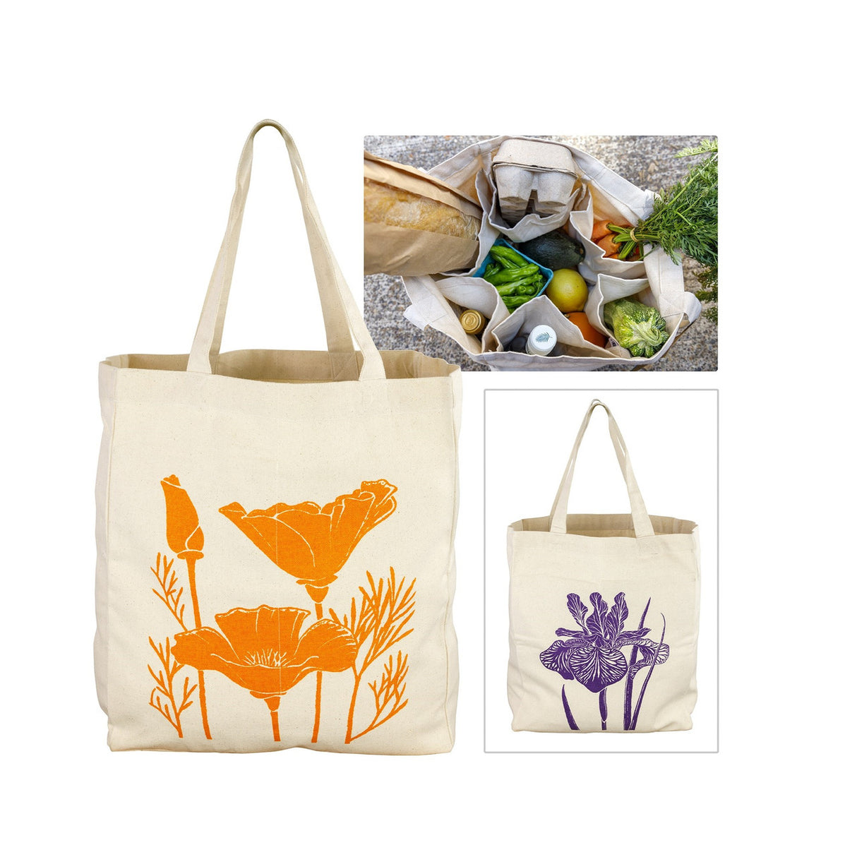 3 views of the Farmer's Market tote bag: the Poppy design on one side, purple iris design on the other, and an above view of the tote filled with groceries safely divided using the inner pockets