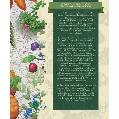 Puzzle with fruits, vegetables, and herbs design and descriptive text.