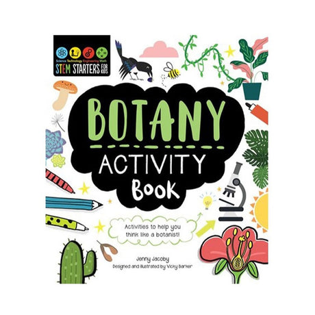 the cover image for the Botany Activity Book featuring playful illustrations of plants and birds