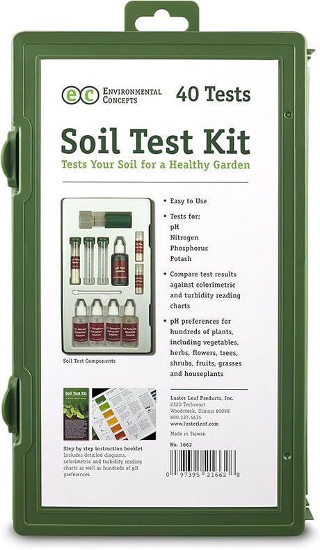 Soil Test Kit in a plastic case with labels and components visible for testing soil pH, nitrogen, phosphorus, and potash.