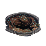 a look inside the bag showing the inner lining details pocket, and credit card slots