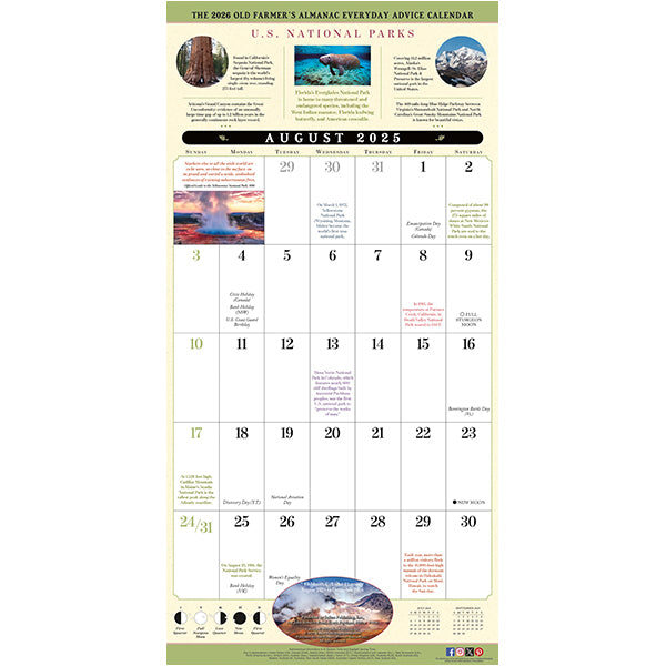 Calendar page for August 2025 with scenic images and text on a white background