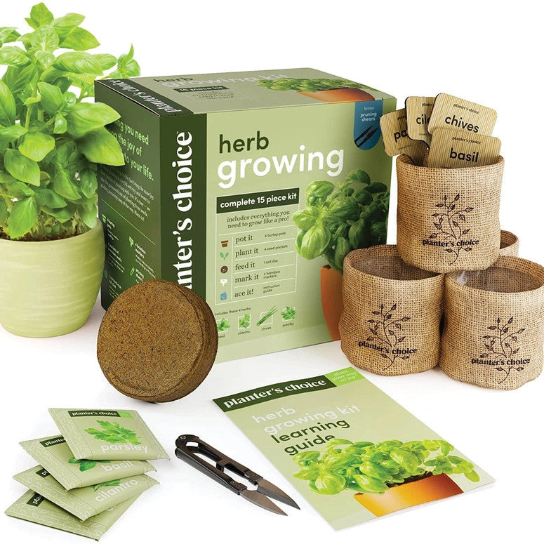 the herb growing kit box surrounded by its contents