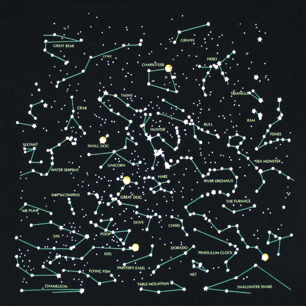 close up of the constellations on the heavenly bodies tee