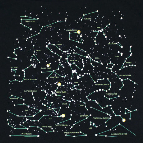 close up of the constellations on the heavenly bodies tee