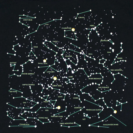 a close up of the illustration on the back of the Heavenly Bodies tee featuring more constellations