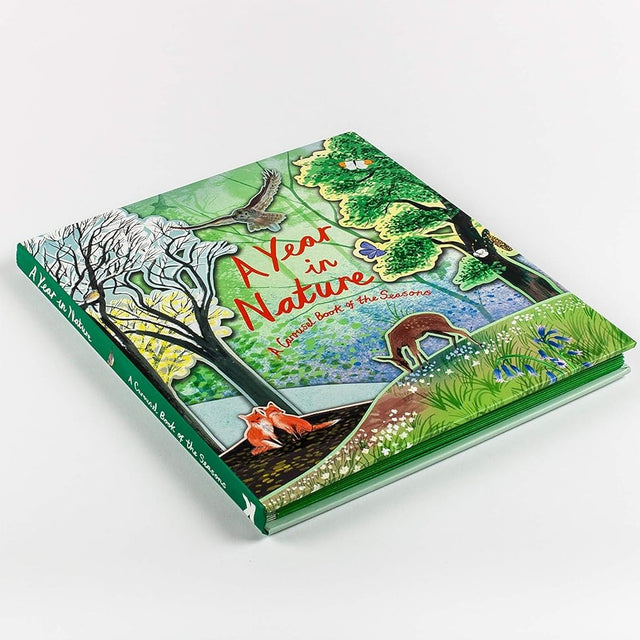 Children's book titled 'A Year in Nature' with illustrations of animals and nature on a white background