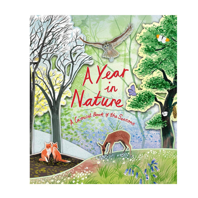 Book cover of 'A Year in Nature' with illustrations of animals and seasons.