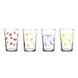 Four glass tumblers with colorful insect prints on a white background