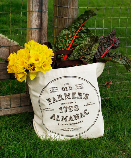the tote bag leans against a fence with the "almanac" graphic facing forward. the bag is filled with spring greens and daffodils