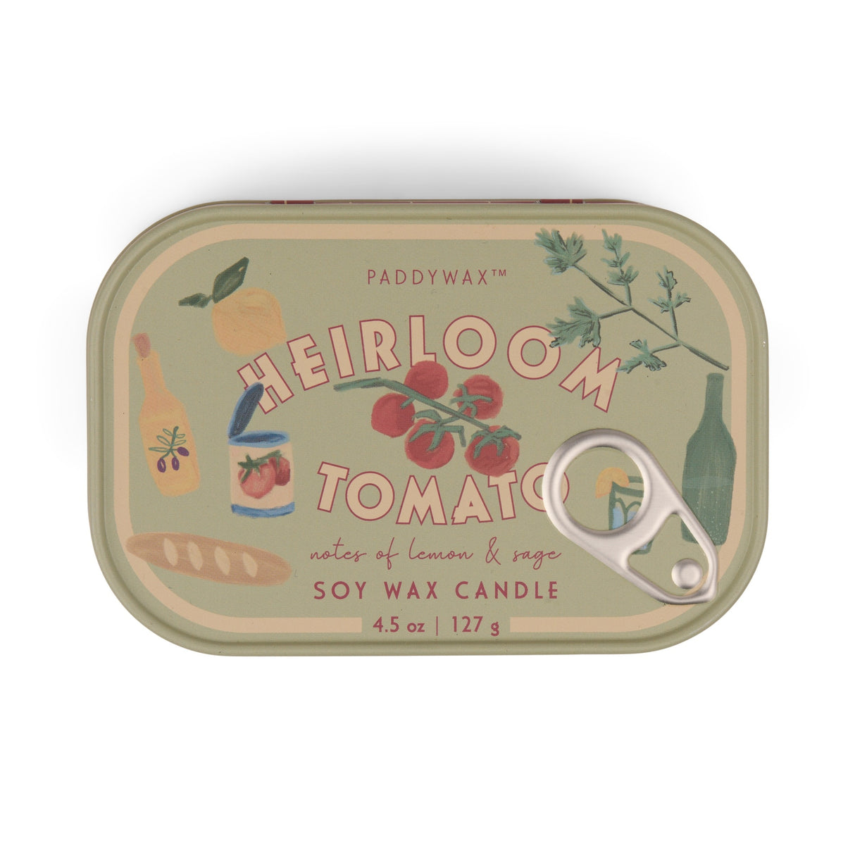 Paddywax Heirloom Tomato candle tin on a white background