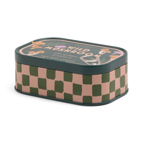 Candle tin with checkered pattern and 'Wild Mushroom' text on a white background