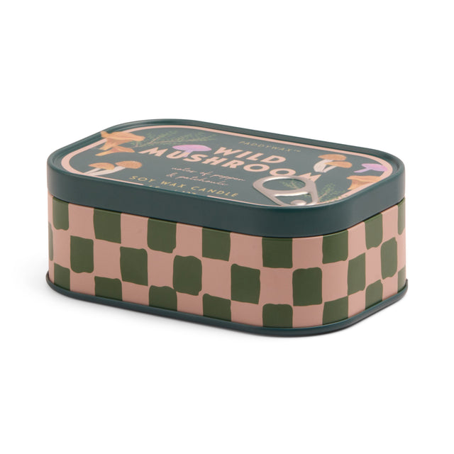 Candle tin with checkered pattern and 'Wild Mushroom' text on a white background