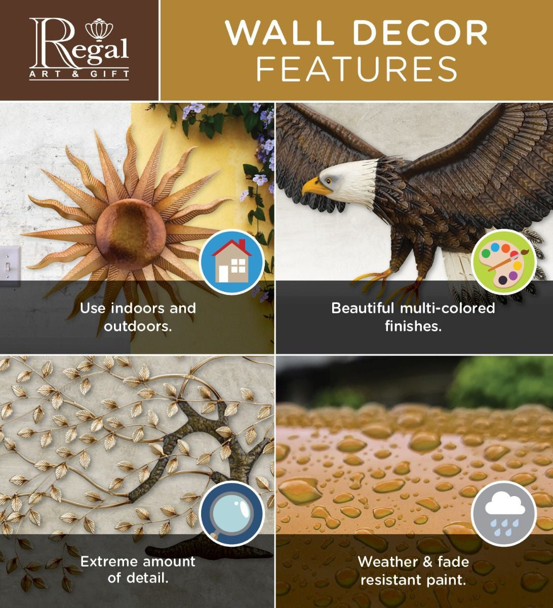 an info graphic highlighting the design features: indoor/outdoor use, multicolored finishes, extreme detail, and weather and fade resistant paint