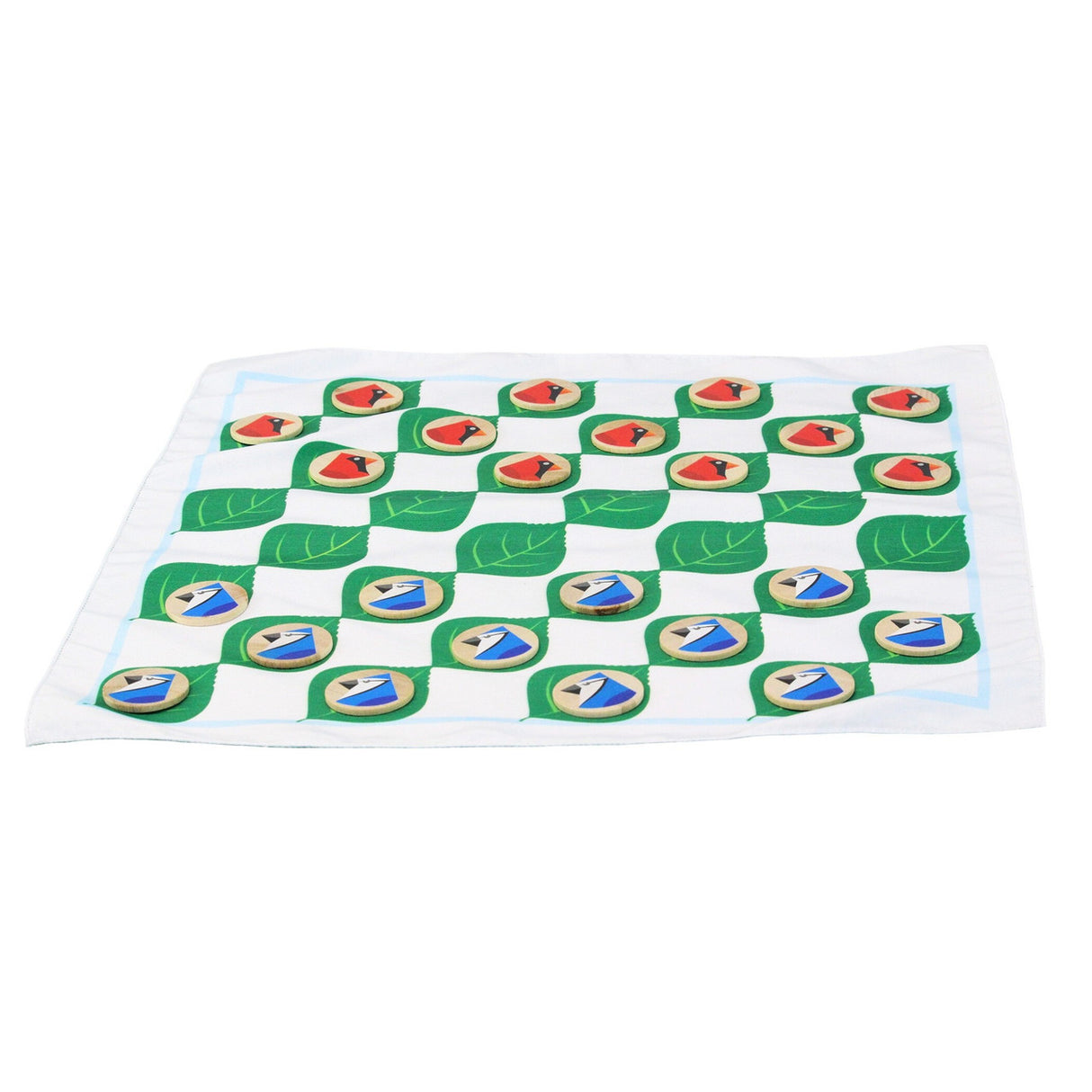 a full view of the whole checkerboard showing all 12 cardinal checkers and all 12 blue jay checkers