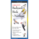 The cover image of Sibley’s Backyard Birds of the Northeast folding guide featuring a selection of illustrations of birds against a map of the Northeastern US region.