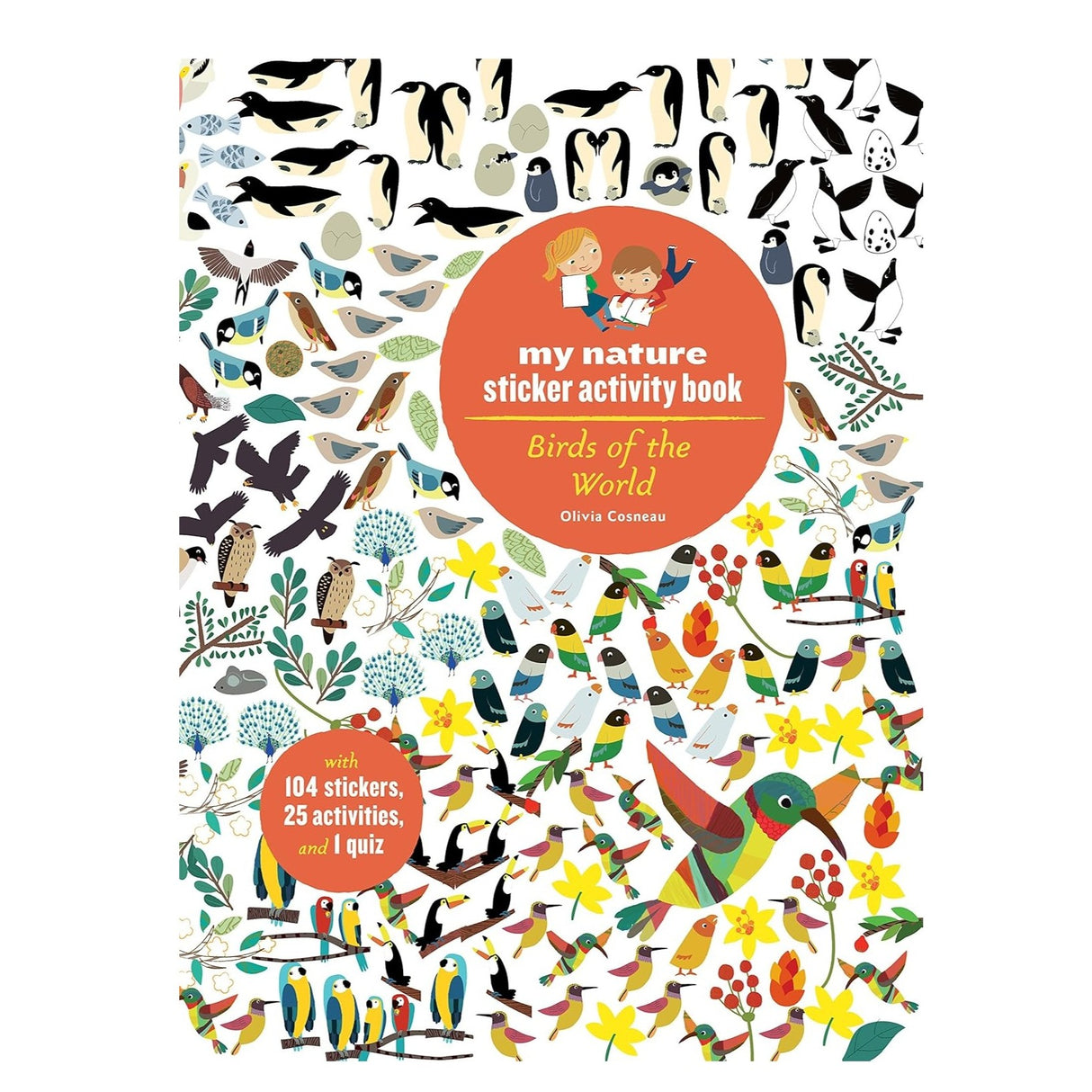 Sticker activity book cover with various birds and nature-themed design