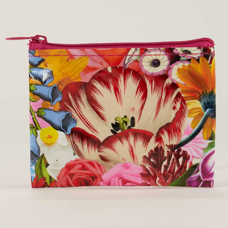 zippered coin purse with collage of floral images and illustrations with a pink zipper against a grey background