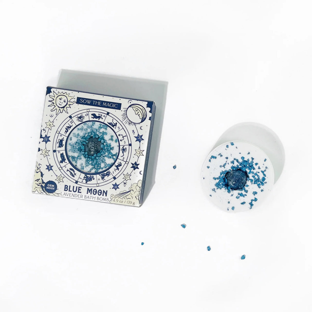 Blue Moon bath bomb with packaging on a white background