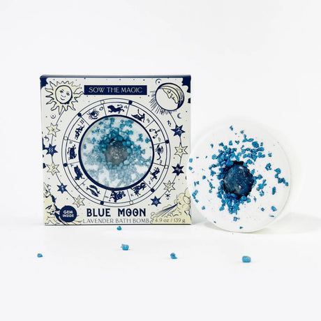 Blue Moon bath bomb with packaging on a white background