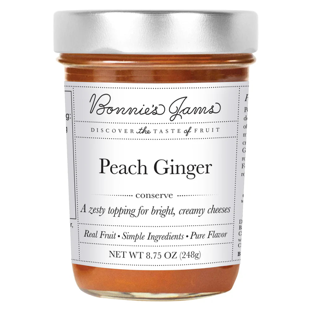 Jar of Bonnie's Jams Peach Ginger conserve with a white label on a white background