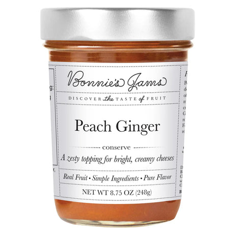 Jar of Bonnie's Jams Peach Ginger conserve with a white label on a white background