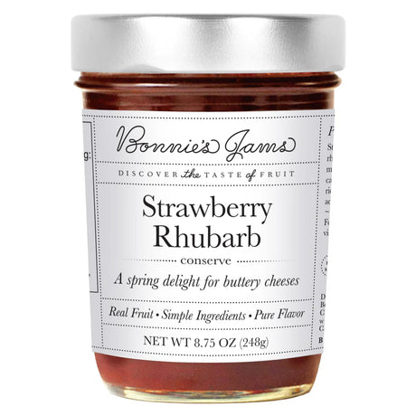 Jar of Bonnie's Jams Strawberry Rhubarb conserve on a white background