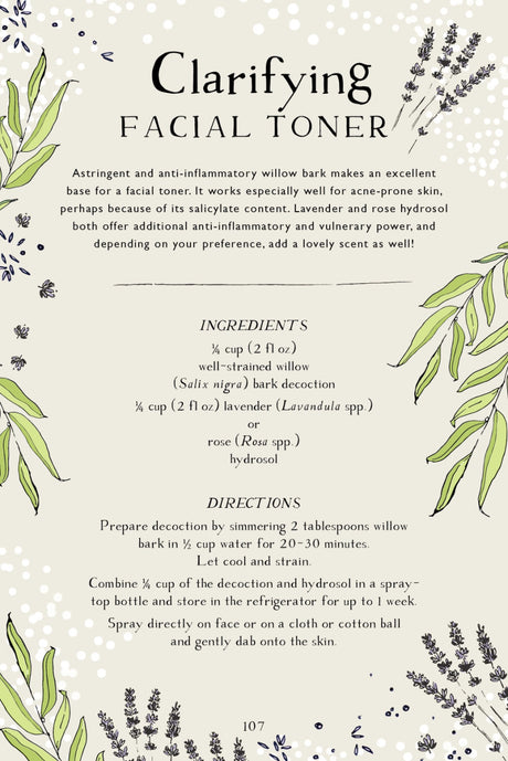 interior page from the Skin Care Recipe Book showing a recipe for Clarifying Facial Toner on sage green paper with illustrations of herbs