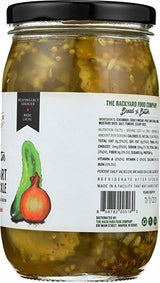 A glass jar of The Backyard Food Company Bread & Butter Pickled Artichoke Hearts with a black lid and a white label showing product details and illustrations of a green artichoke and red onion.