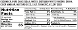 A close-up of a product's Nutrition Facts label showing the ingredients list at the top and a nutrition table below, with text including cucumber, pure cane sugar, water, distilled white vinegar, onion, cider vinegar, mustard seed, salt, turmeric, and celery seed.