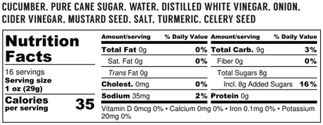 A close-up of a product's Nutrition Facts label showing the ingredients list at the top and a nutrition table below, with text including cucumber, pure cane sugar, water, distilled white vinegar, onion, cider vinegar, mustard seed, salt, turmeric, and celery seed.