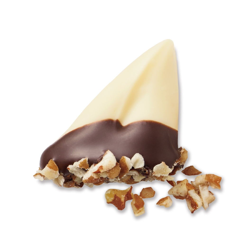 Chocolate-dipped cone with nuts on a white background