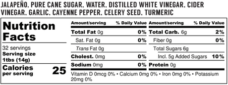A Nutrition Facts label for a jar of jalapeño pure cane sugar, water, distilled white vinegar, cider vinegar, garlic, cayenne pepper, celery seed, and turmeric. The label shows a serving size of 1 tbsp (14g) with 25 calories per serving and lists various mac and micronutrient contents.