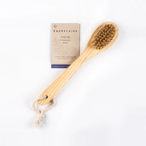 Wooden facial brush with bristles and packaging on a white background