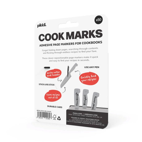 the back of the cookmarks package with info and text - 'Adhesive page markers for cookbooks - use any pen - stick and restick - durable card'