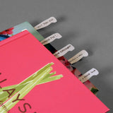 close up of a closed cookbook with cookmarks popping out the top of the book with recipe names written on them