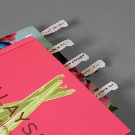 close up of a closed cookbook with cookmarks popping out the top of the book with recipe names written on them