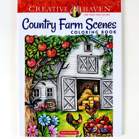 Coloring book cover titled 'Creative Haven Country Farm Scenes' with a barn and farm scene illustration.
