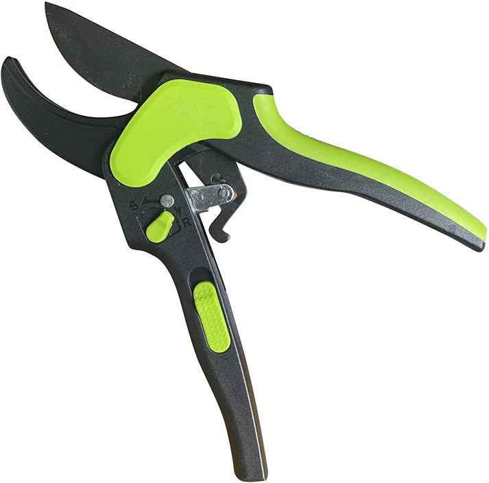 the 2 in 1 Ratchet Hand Pruning Shears shown open