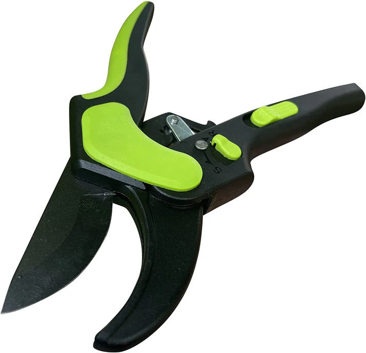 a close up focusing on the shears of the 2 in 1 Ratchet Hand Pruning Shears 