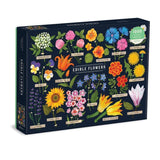Puzzle box with colorful illustrations of edible flowers on a dark blue background
