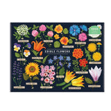 Puzzle box with colorful illustrations of edible flowers on a dark blue background