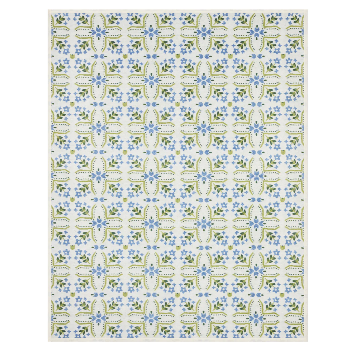 Patterned blanket with blue and green floral design on a white background
