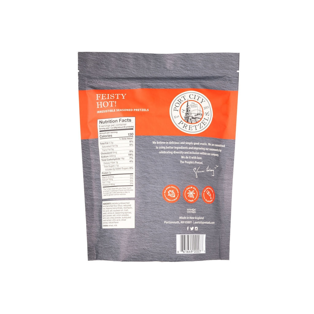 Back view of a Pork City Pretzels 'Feisty Hot!' seasoning pretzel pouch on a solid white background.