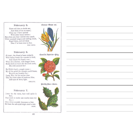 Page from a book with floral illustrations and text on February 5, 6, and 7.